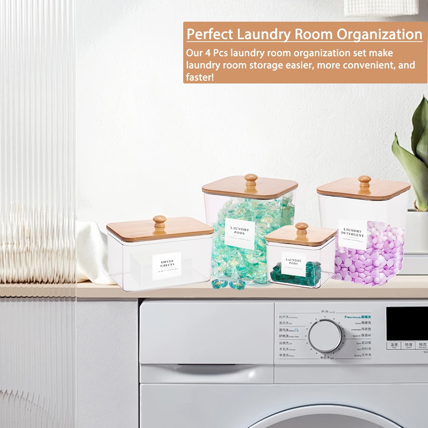 Containers for a Set of Four Laundry Pods, Designed for Storing Laundry Detergent And Organizing The Laundry Area, Complete with Lids, Scoops, And Labels for Detergent, Dryer Balls, And Bead Containers