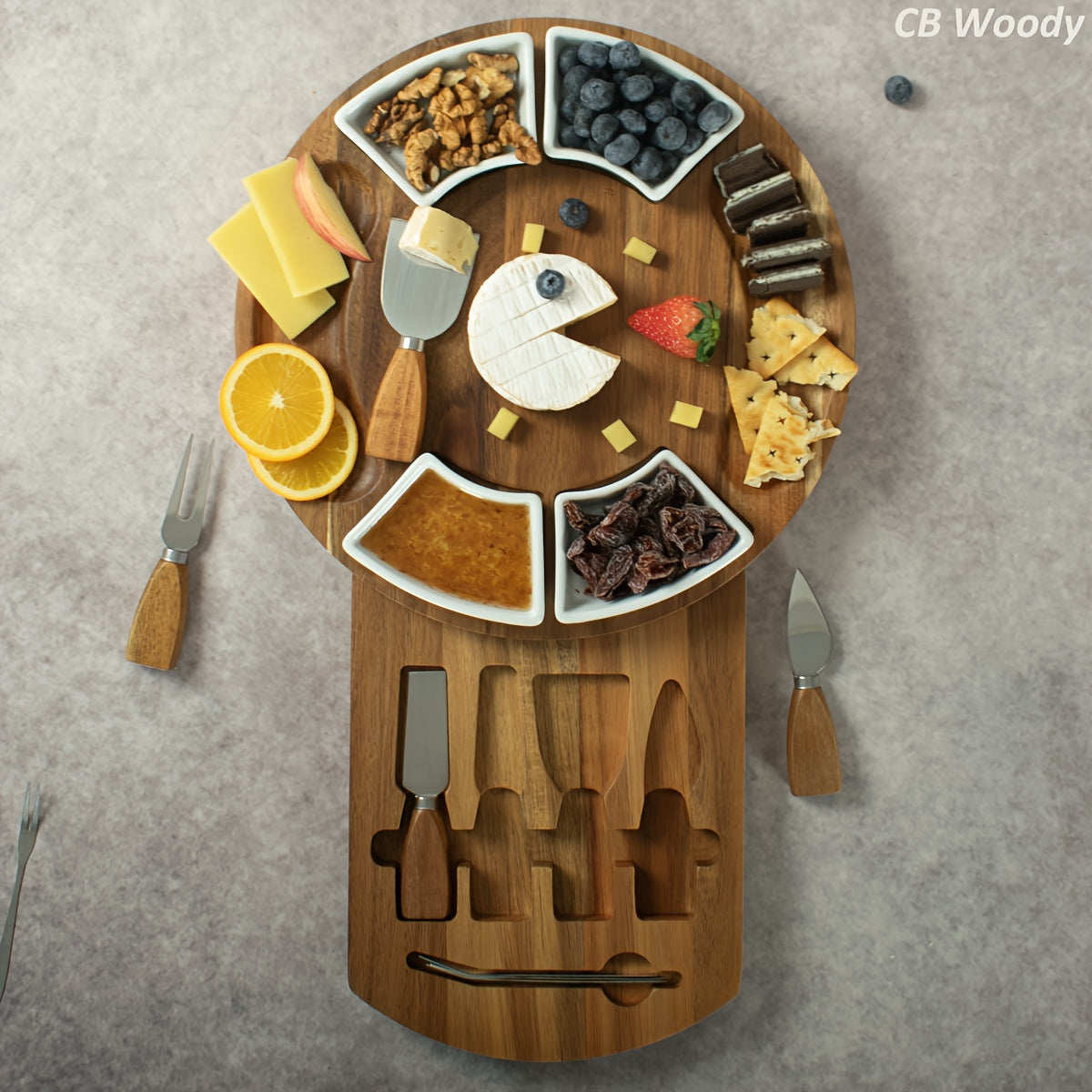 Set of Acacia Wood Cheese Boards, Distinctive Serving Platter, Circular Wooden Charcuterie Board with Drawer, Knife Set, Ceramic Bowls, Perfect for Housewarming, Bridal Shower, Wedding, And Birthday Gifts for Women