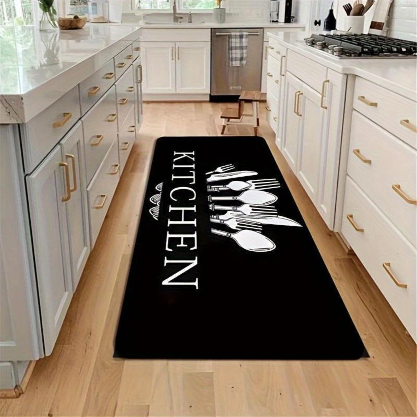 3pcs Kitchen Alphabet Theme Mat Set, Knife And Fork Pattern, Musthave for Home, Non Slip, Soft, Easy to Clean, Suitable for Bedrooms, Living And Dining Room, Kitchen, Bathroom, Gift for Friend And Family, Kitchen Accessories, Father's Day Gift