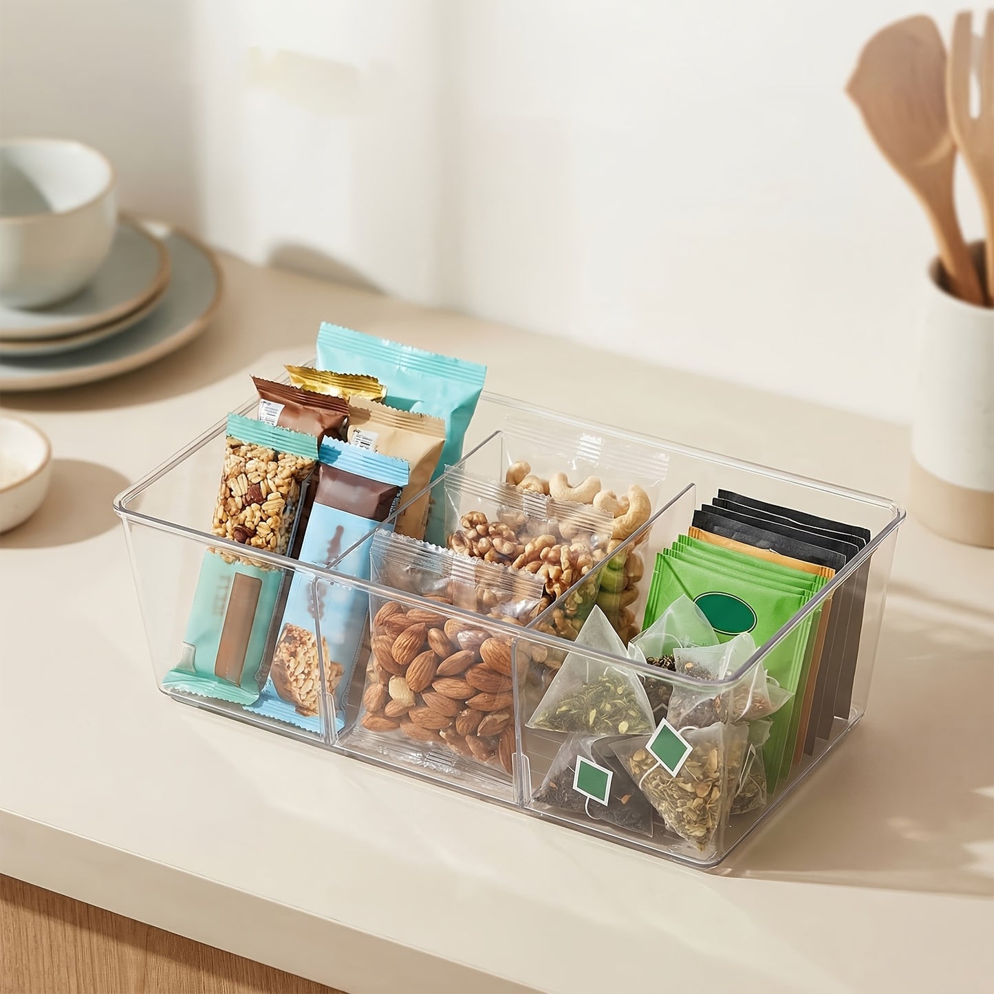 Set of 8 Transparent Storage Bins for Organizing Food in The Pantry, Kitchen, Refrigerator, And Cabinets, Featuring 4 Compartments for Packets, Snacks, Pouches, And Spice Packets