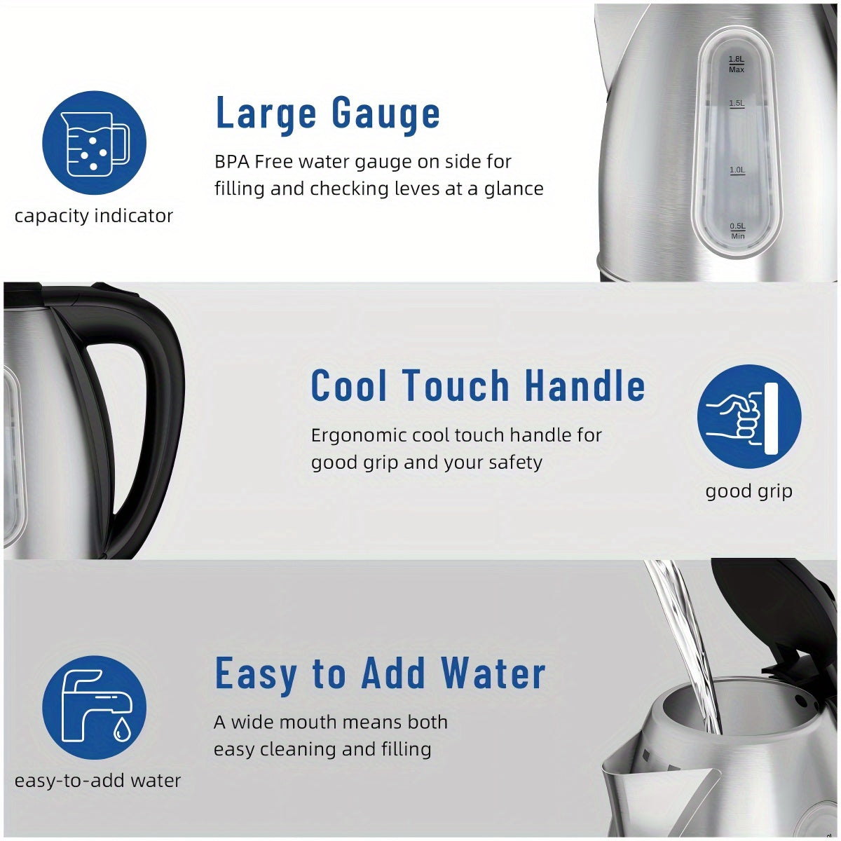 Electric Kettle with Water Window & Stainless Steel Body - 60.87oz, 1200W Fast Heating, Auto Shut-Off, BPA-Free for Tea And Coffee, Christmas Gift