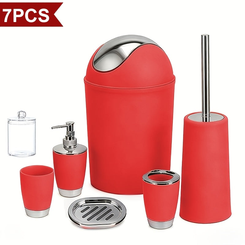 7pcs Luxury Bathroom Accessory Set - Premium Quality, Modern Style - Complete With Trash Can, Toilet Brush, Lotion Dispenser, Soap Dish, Mouthwash Cup & Toothbrush Holder - Space-Saving, Easy To Clean, Ideal For Bathroom Decor And Housewarming Gifts