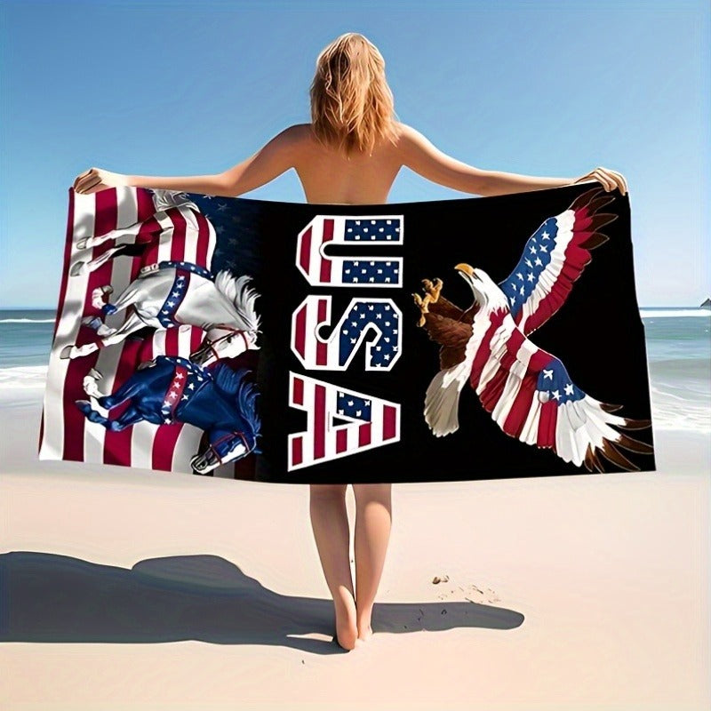 This Beach Towel Features a Patriotic Design with The United States Flag And a Cool Eagle. It'S Made from a Super Absorbent And Lightweight Polyester Blend, Ensuring Quick Drying. Soft And Comfortable, It'S Perfect for Beach Activities, Swimming