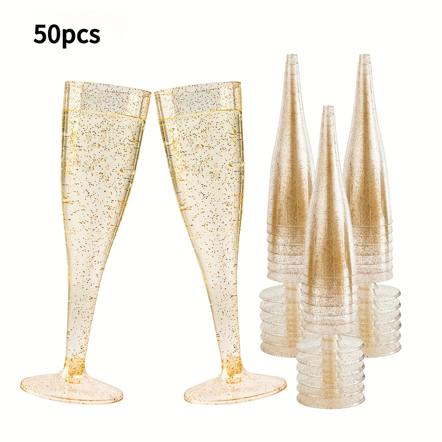 PUREDOVE 25/50pcs Transparent Golden Glitter Reusable Champagne Flutes - Stackable, Food-Grade PS Party Cups for Wedding, Birthday, Picnic & Events, Stylish & Easy to Store