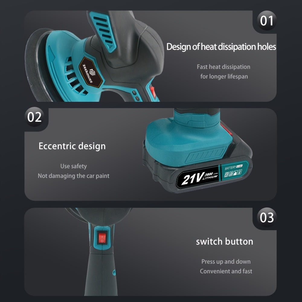 ZEEKMUSS Cordless Buffer Polisher, 6 Inch Dual Action Polisher Kit With 2pcs 21V 2.0Ah Rechargeable Battery, 6 Variable Speed 5500RPM Buffer Polisher For Detailing, Polishing, Waxin
