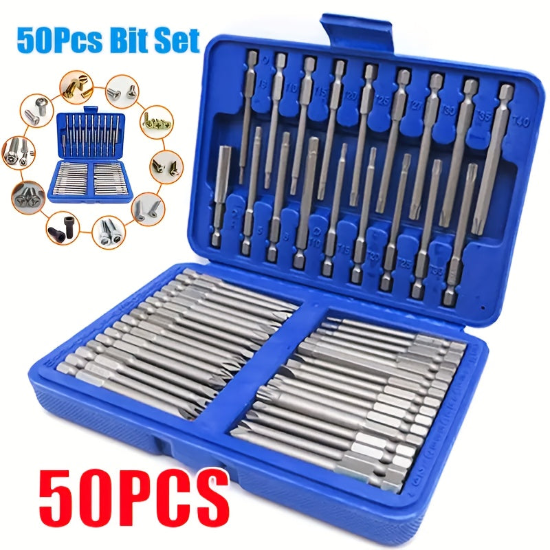Set of 50 Magnetic Screwdriver Bits - Extended 75Mm Safety Bits for 1/4 Screwdrivers - Includes Torx, Star, Hex, And Spline Bits