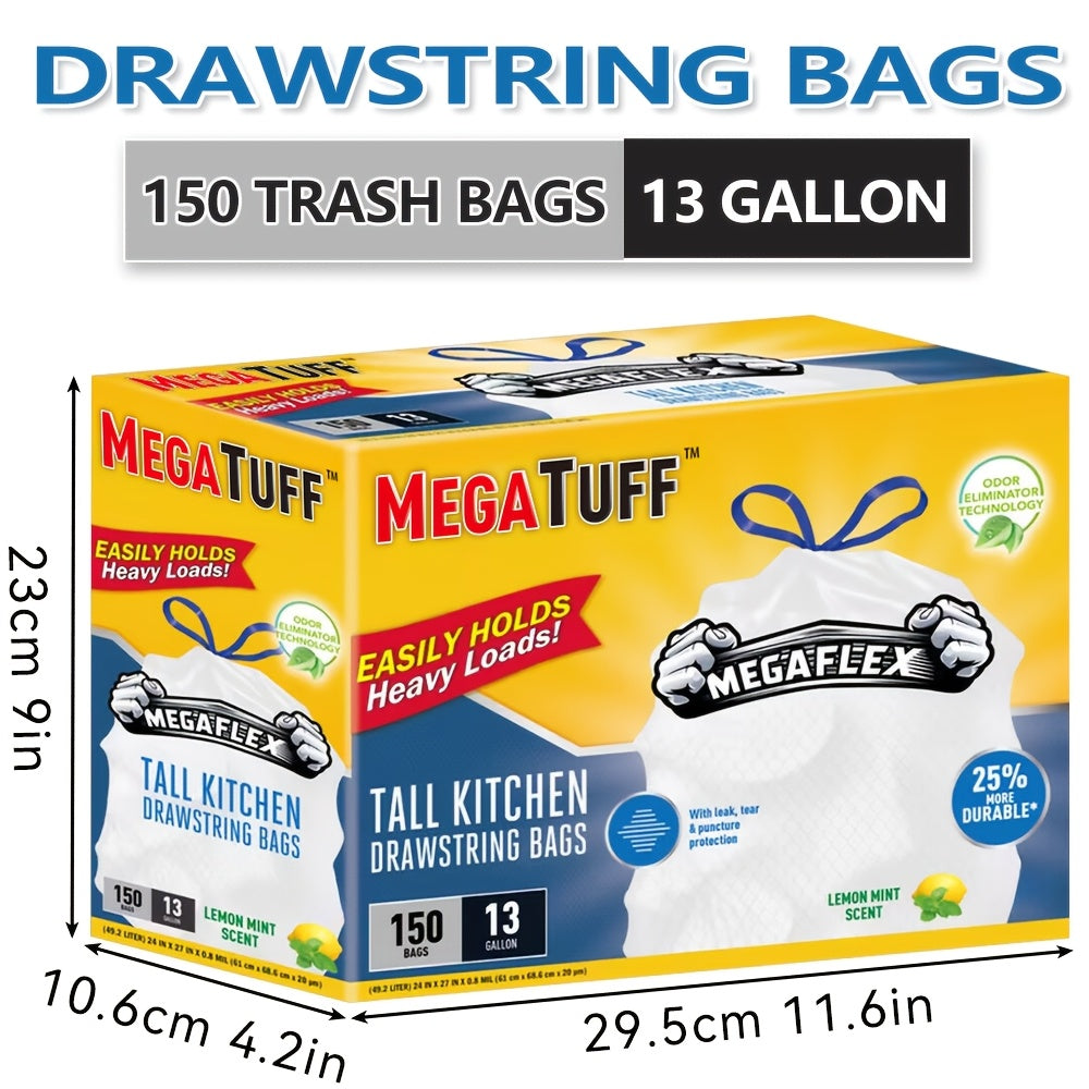 Boxed Disposable Non Tear Garbage Bags 50 Bags/Roll Puncture Tear Resistant Trash Bags, 30/13 Gallon Capacity, ODOR ELIMINATORTECHNOLOGY Kitchen Drawstring Garbage Bags Fresh Clean Scent With Lemon Mint Scent, EASY TO USEDRAWSTRINGS MORE DURABLE