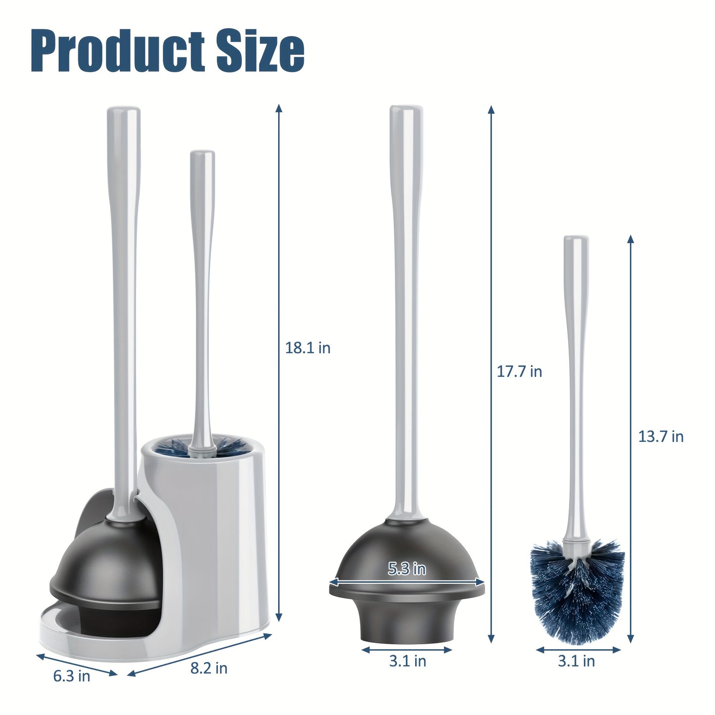 Toilet Plunger and Bowl Brush Combo Set for Bathroom Cleaning - Heavy Duty Plunger with Holder & Toilet Brush with Caddy, 2-in-1 Bathroom Cleaning Set, Gray, Compact Storage for Home Bathroom