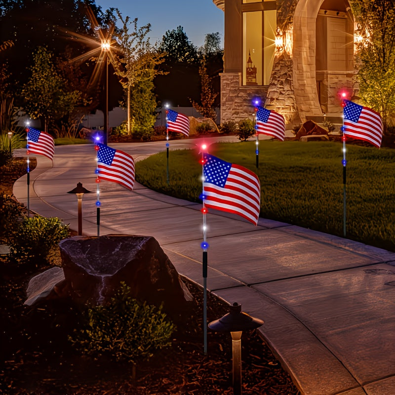 4th of July Solar Ground Stake Lights | Red White Blue National Flag Outdoor Lights 8 Modes | Solar Walkway Lights for Independence Day Memorial Day Porch Patio Garden Decor