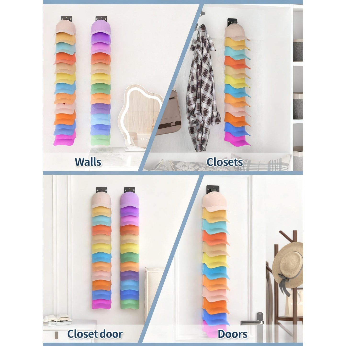 2-Pack Heavy-Duty Hat Organizer with 24-Cap Capacity - Space-Saving Vertical Wall-Mounted Storage, Adhesive or Drilled Installation, Layered Hooks for Easy Access, Durable Polypropylene Construction - Ideal for Entryway, Closet, Bedroom
