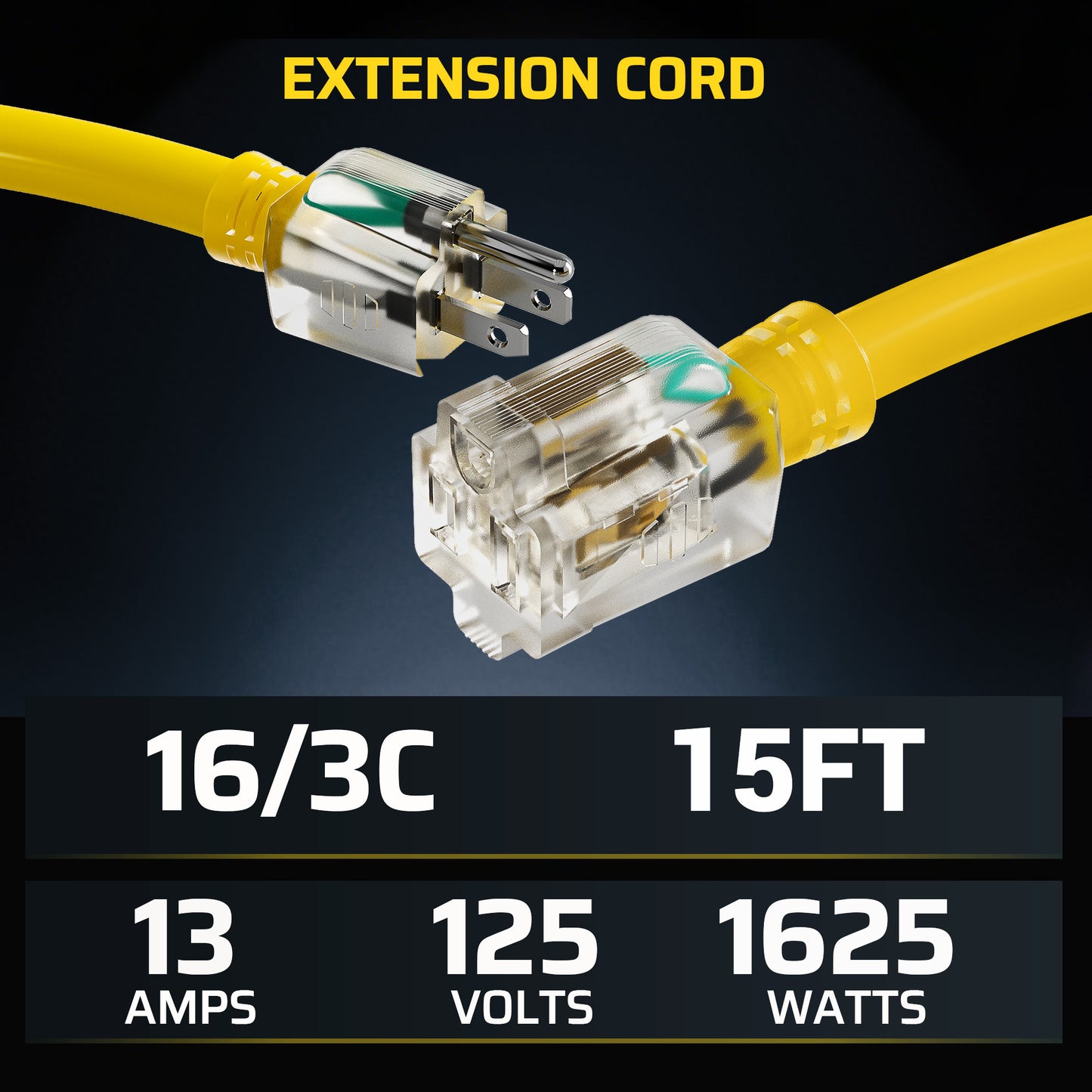 2Pack 15ft Heavy-Duty Extension Cord - SJTW 16/3 Full Copper, LED Power Indicator, 13A 125V 1625W