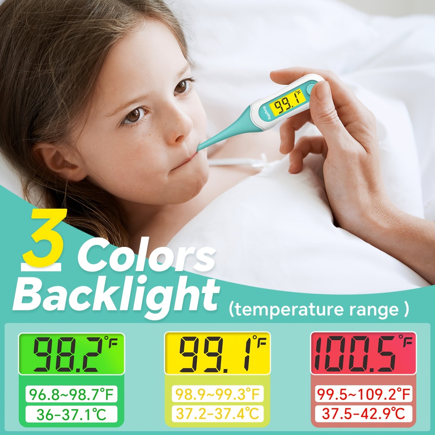 Digital Oral Thermometer for Adults & Kids – 8-Second Fast Read, Bendable Tip, 3-Color Fever Backlight, 32 Memory Records, Rectal Use for Infants, Celsius/Fahrenheit Conversion