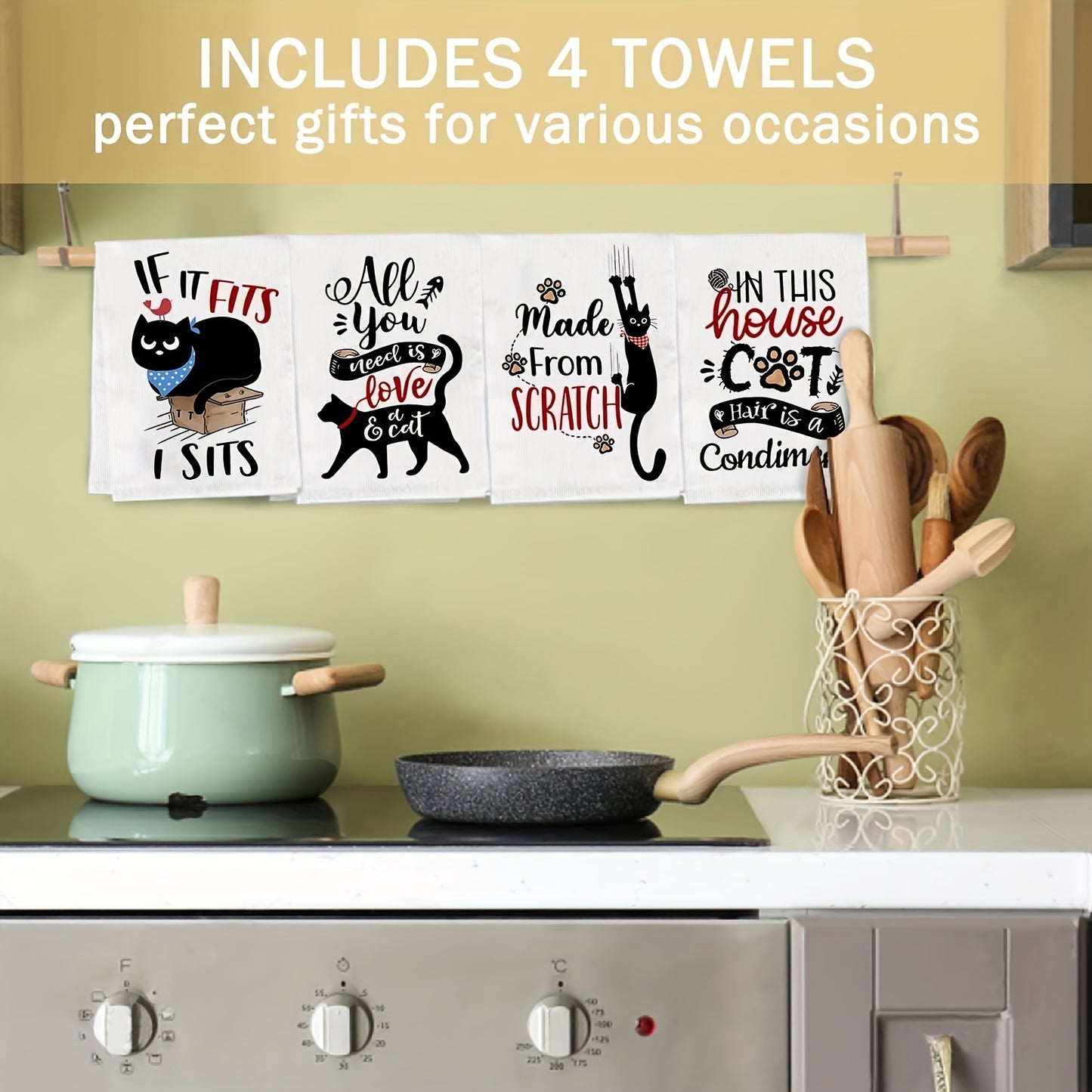4pcs Cat Themed Kitchen Dish Towels, Cat Lovers Gifts Women'S Place Towels, Funny Cat Gifts, Cat Lovers Hand Towels, Cute Cat Talking Tea Towels Housewarming Gifts New Home Decor