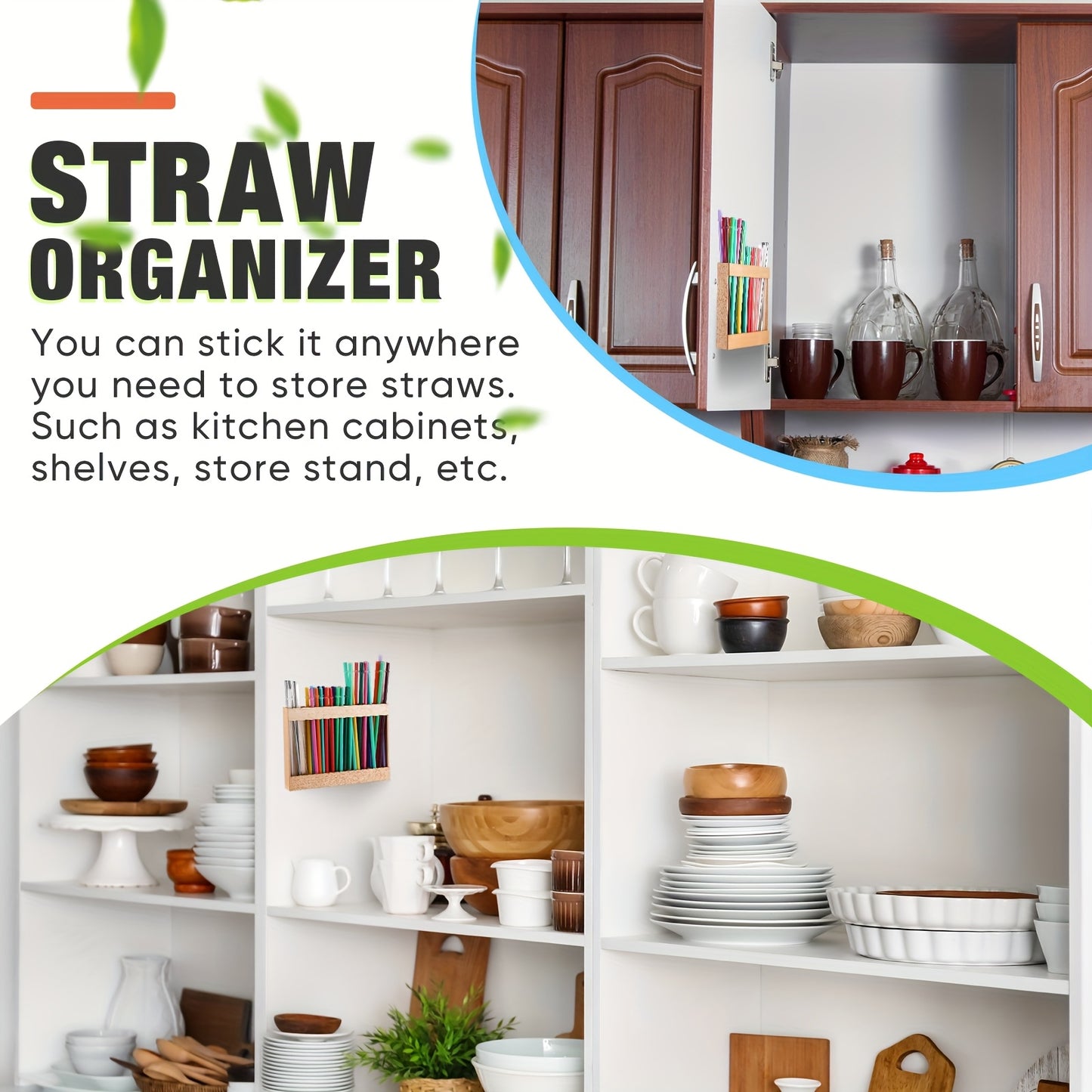 Wooden Straw Holder for Cabinet Door 9.8 Inch Acacia Wood Straw Dispenser Wall Mount Reusable Straw Storage Box for Kitchen Counter Cupboard Organizer