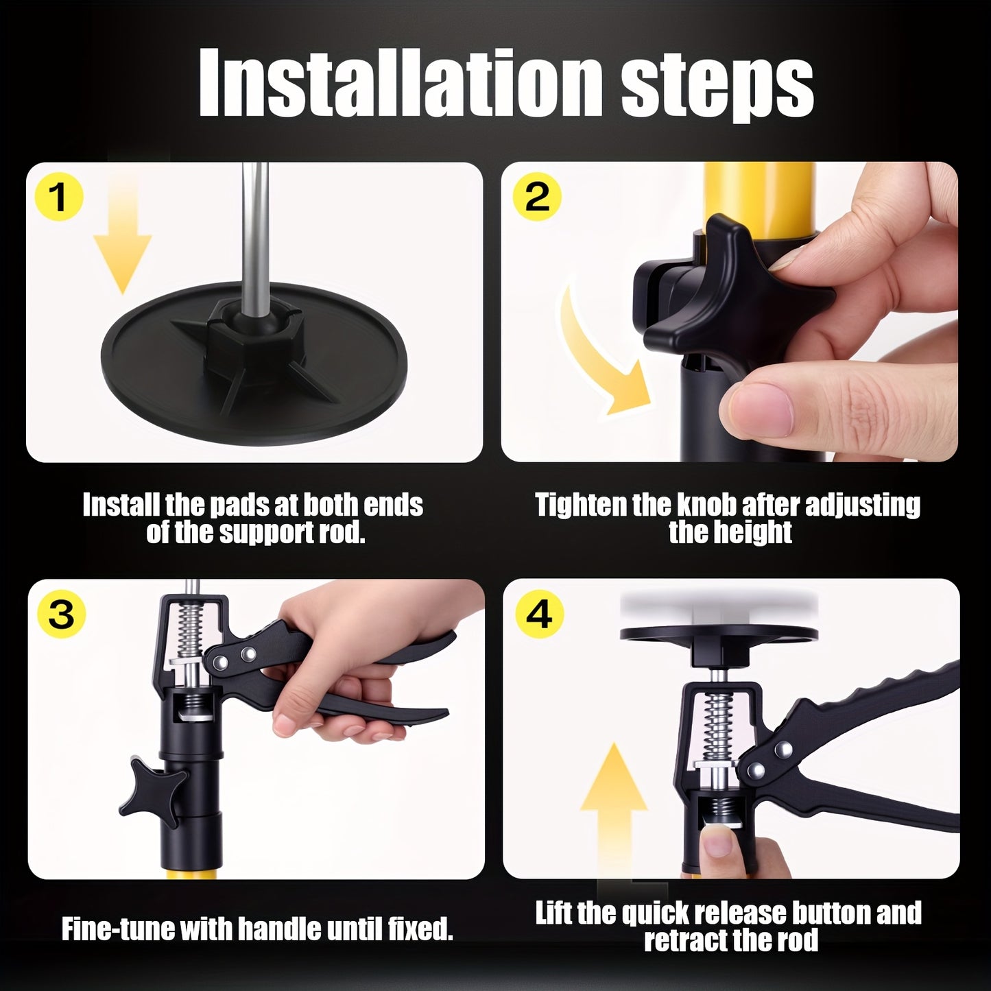 2pcs Telescopic Support Rods, 19.7-45.3 Inch Yellow Steel Third Hand Support System, 88.18 Lbs Load Capacity, Thickened Base for Extra Stability, Easy Height Adjustment for Lifting Drywall, Cabinets, Panels