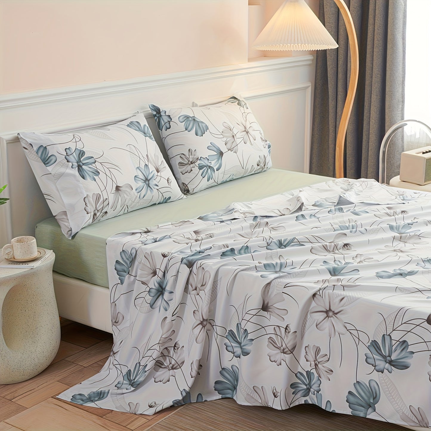 3/4pcs Soft Bed Sheets Set with Fitted Sheet Queen King Full Twin Size, Floral Bedsheet Fitted Sheet Deep Pocket And Pillow Cases, White Pink Green Bedding for Women Girl Men Valentines Day Gift, Home Hotel Machine Washable