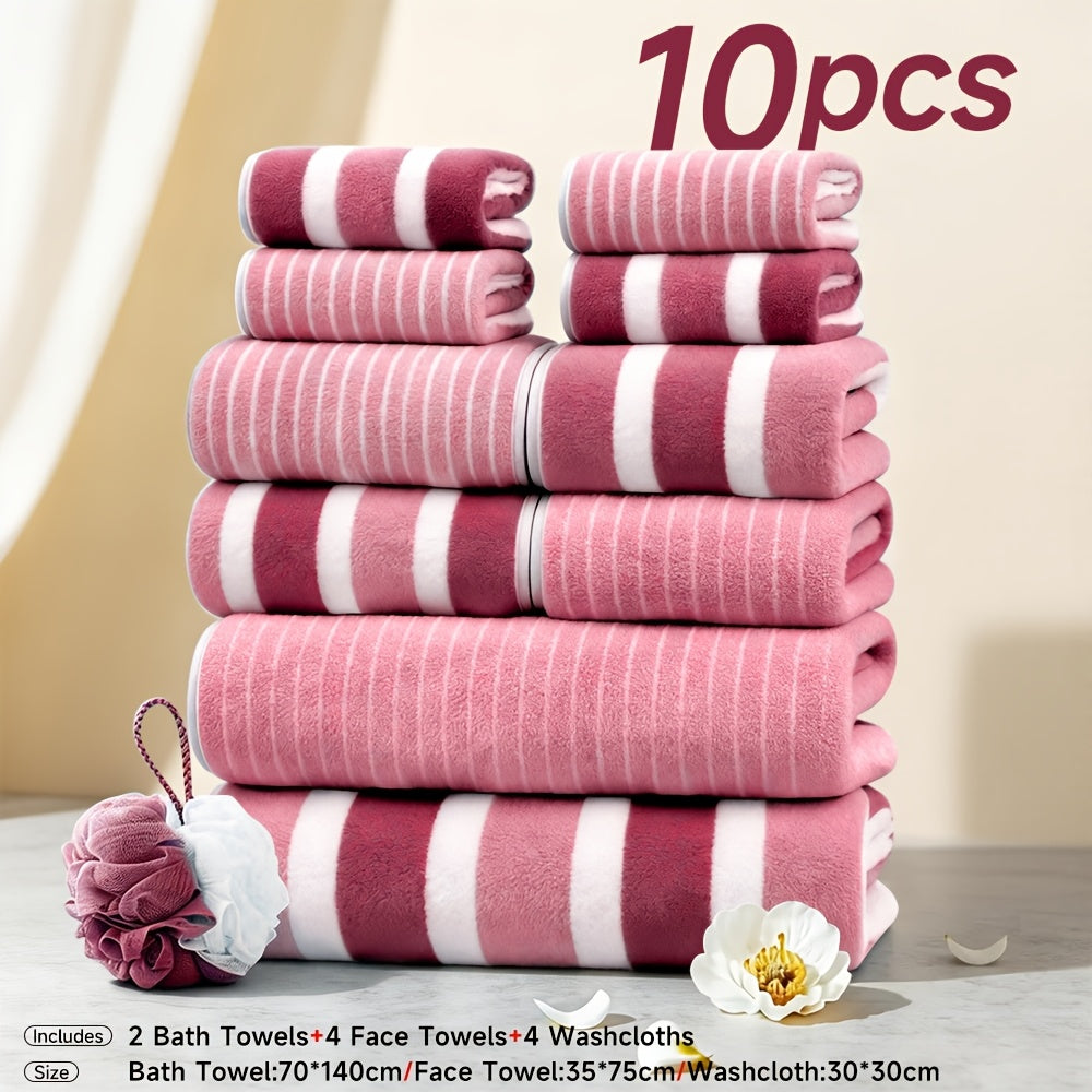 10pcs/3pcs/1pc Towel Set, No Hair Loss, Super Water Absorption,Ultra-Soft Microfiber Beach Towels for Adults, Super Soft Five-star Hotel Standard Two-color Striped Interval Bath Towel Combination(11.81x11.81inch, 13.78x29.53inch, 27.56x55.12inch)