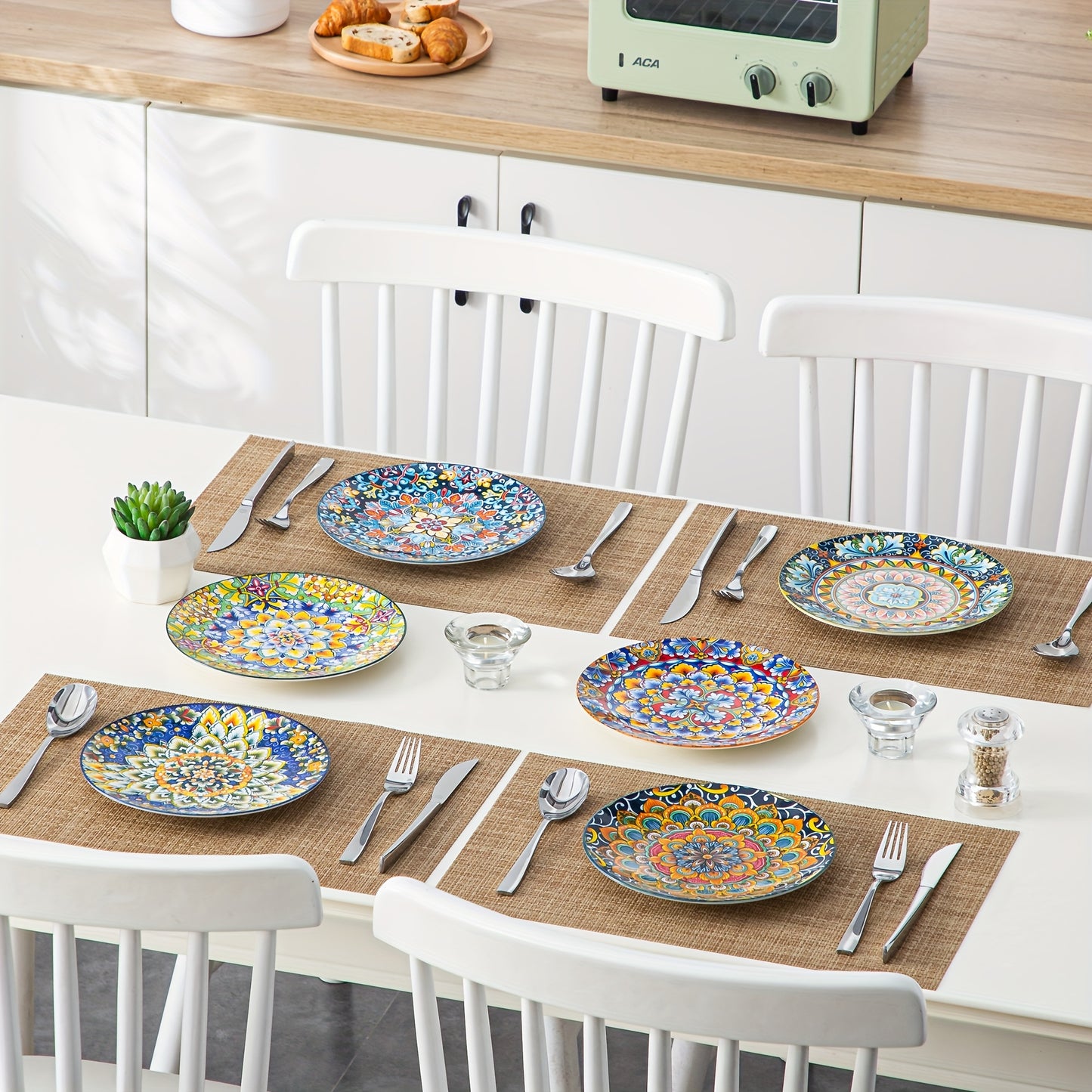 8.5 Inch Colorful Bohemian Style Dessert Plate, Set Of 6