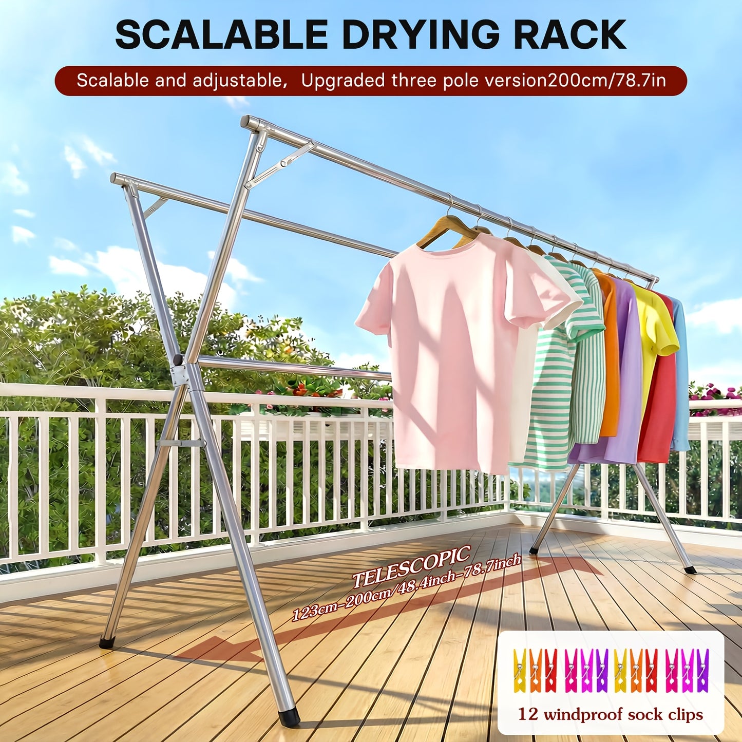 A Versatile Clothes Drying Rack Available in Two Sizes, 63" And 78.7", Designed for Both Indoor And Outdoor Use. This Durable Metal Rack Is Collapsible And Features a Heavy-Duty Stainless Steel Clothesline, Drying Racks