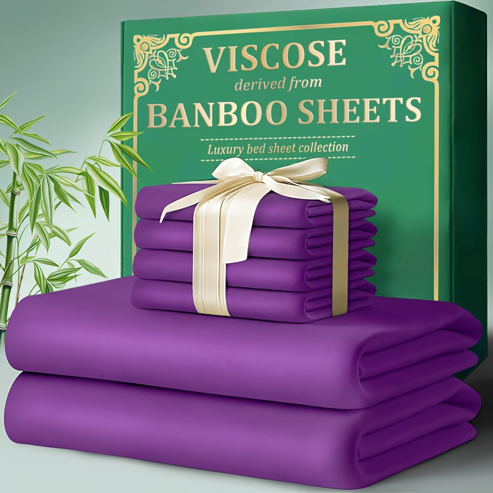 4-Piece Bamboo Bed Sheet Set, 2200 TC Cool Fabric, Bamboo Fiber Elastic Fitted Sheet, Extended 18"-24" Deep Pocket, Cool and Breathable, Smooth to the Touch, Large Size Ultra-Soft Suitable for Hot Sleepers, Anti-Shrink, Fade-Resistant