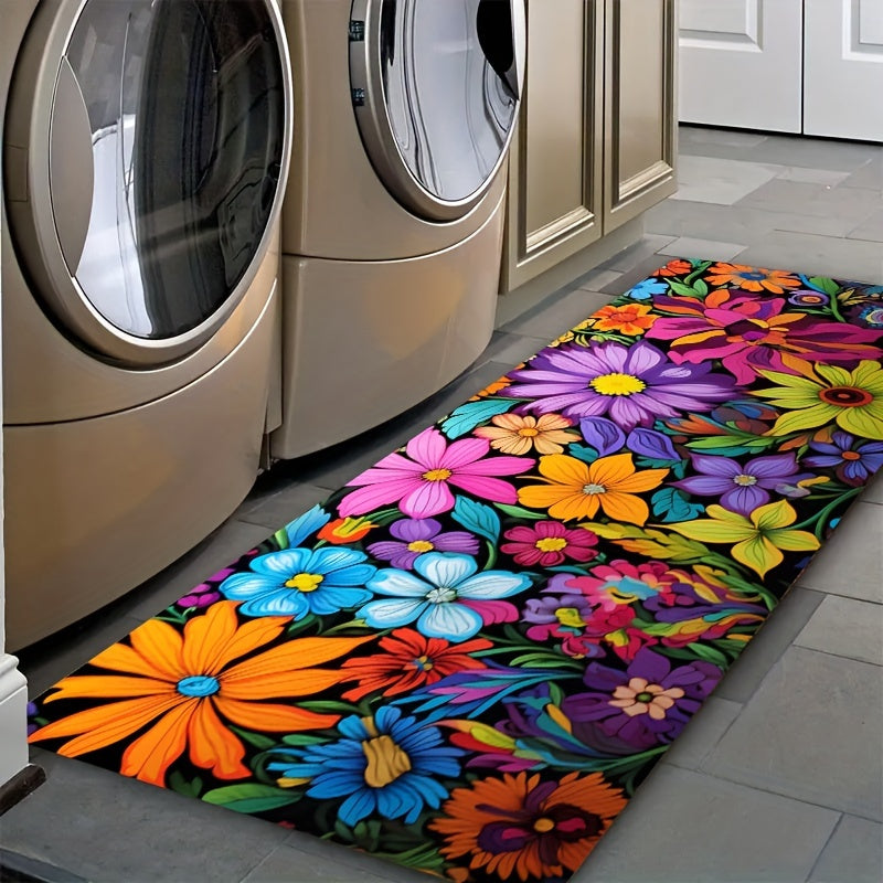 1pc Vibrant Floral Kitchen Mat - 0.8mm Thick, Soft & Thickened, Machine Washable Rectangular Mat for Laundry Room, Bathroom, Living Room, Bedroom - Colorful Flowers Design, Polyester 100.0%, Kitchen Rugs