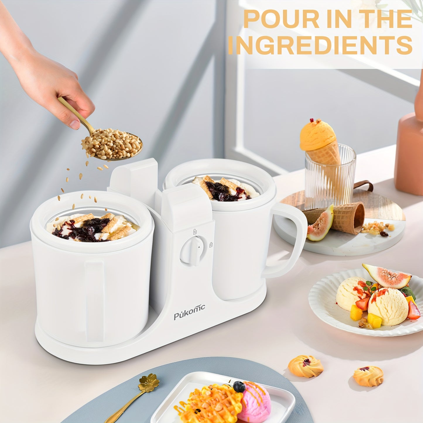 Homemade Delicious Ice Cream, Frozen Yogurt, and Fruit Smoothies, Easy to Make. 33.81oz Dual-cup Design, Detachable for Convenient Operation and Easy Cleaning, the Perfect Christmas Gift Choice!