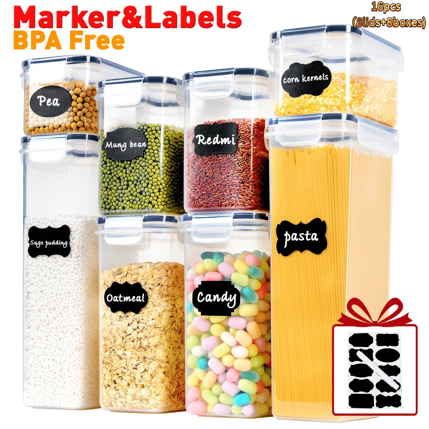 (4/8/15/16lids+4/8/15/16boxes) Plastic Food Airtight Box with Lids, Food Storage Containers, BPA Free, LeakProof, Stackable, for Kitchen, Grain, Nuts, Cereal, Pasta, Organizers And Storage, for Dog Food, Cat Food, with Labels And A Marker, Gifts