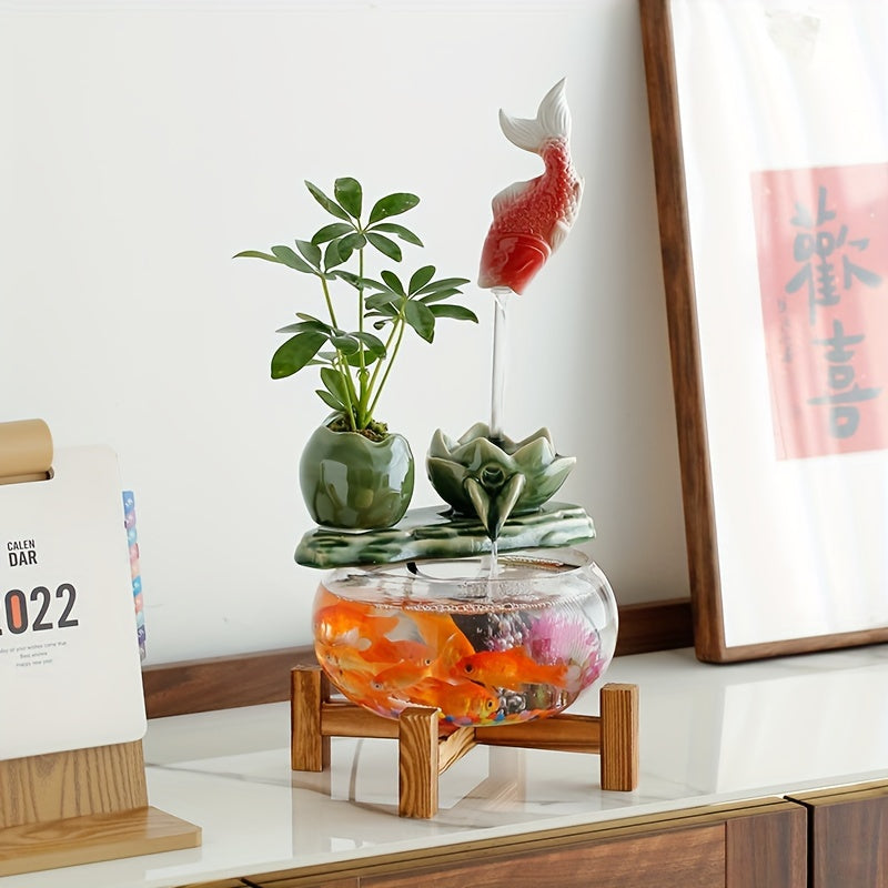 1pc USB Powered Glass And Ceramic Fish Waterfall Fountain, Relaxing Desktop Water Feature in The Living Room, Equipped with Decorative Glass Fish And Plants, a Unique Desktop Fountain Gift for Friends