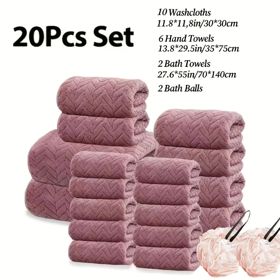 18/20pcs Bath Towel Set, Enlarged Women'S And Men'S Coral Fleece Bath Towels, 100% Microfiber Bath Towel Set, Absorbent, Quick Drying, Soft And Comfortable, Large Bath Towels Suitable For Home, Bathroom, Spa Or Gift, Bath Ball, Wash Cloths