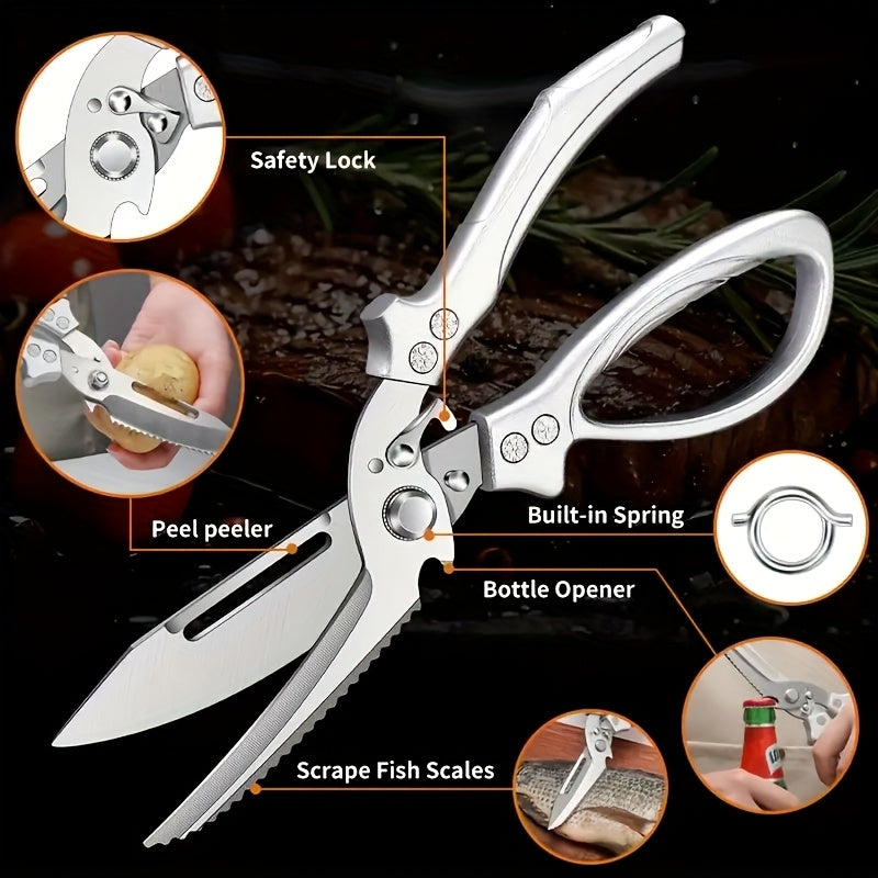 1pc 3CR Stainless Steel Cooking Scissors, Automatic Strong Chicken Bone Scissors, Smooth and Labor-saving Handle, Essential Tools for Home Kitchens, Multi-functional Planable Fruits and Vegetables, Seat Belt Lock