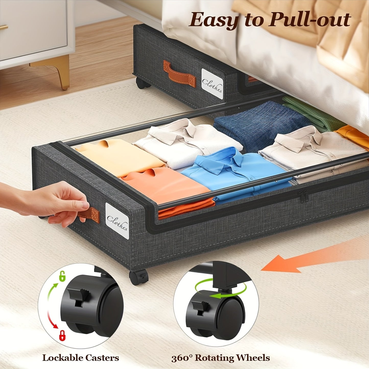 2 Pack Of Wheeled Under Bed Storage Box, Under Bed Storage Box, Under Bed Shoe Rack Organizer, Metal Drawer Under Wheel Bed For Clothes, Blankets, Shoes,, Books, Bedding, Under-Bed Storage