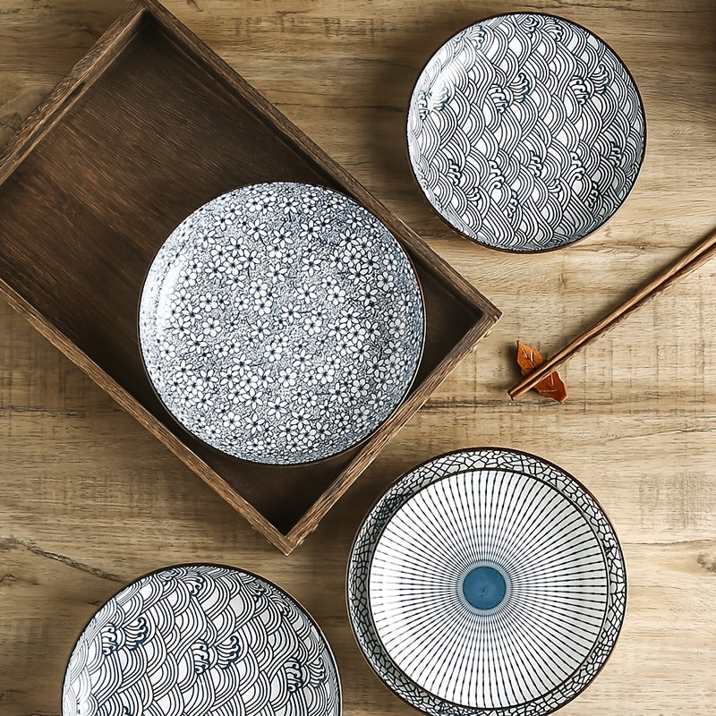 4pcs Round Ceramic Plates Suitable for Serving Pasta, Salad, Bread & Desserts - Blue and White Shallow Plates for Holiday Dining Table Settings, Bread & Snack Serving, Easy to Clean, for Christmas, Easter, Thanksgiving Gatherings