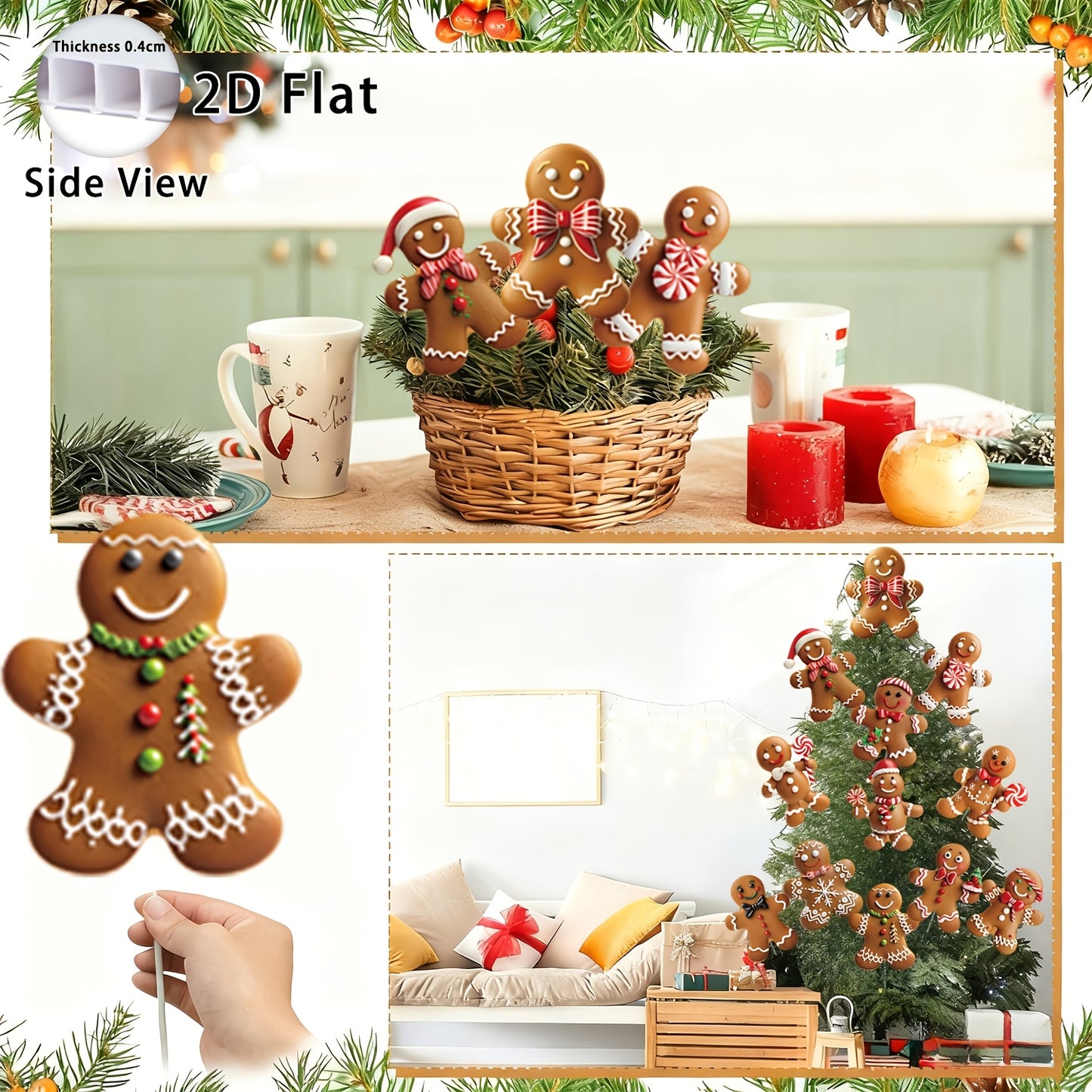 2D Flat, 12pcs Christmas Gingerbread for Man Decor for Tree-Christmas Tree Topper, Christmas Tree Decoration, Christmas Deocrations for Tree, Funny Christams Tree Ornament Christmas Gifts, 2D Flat