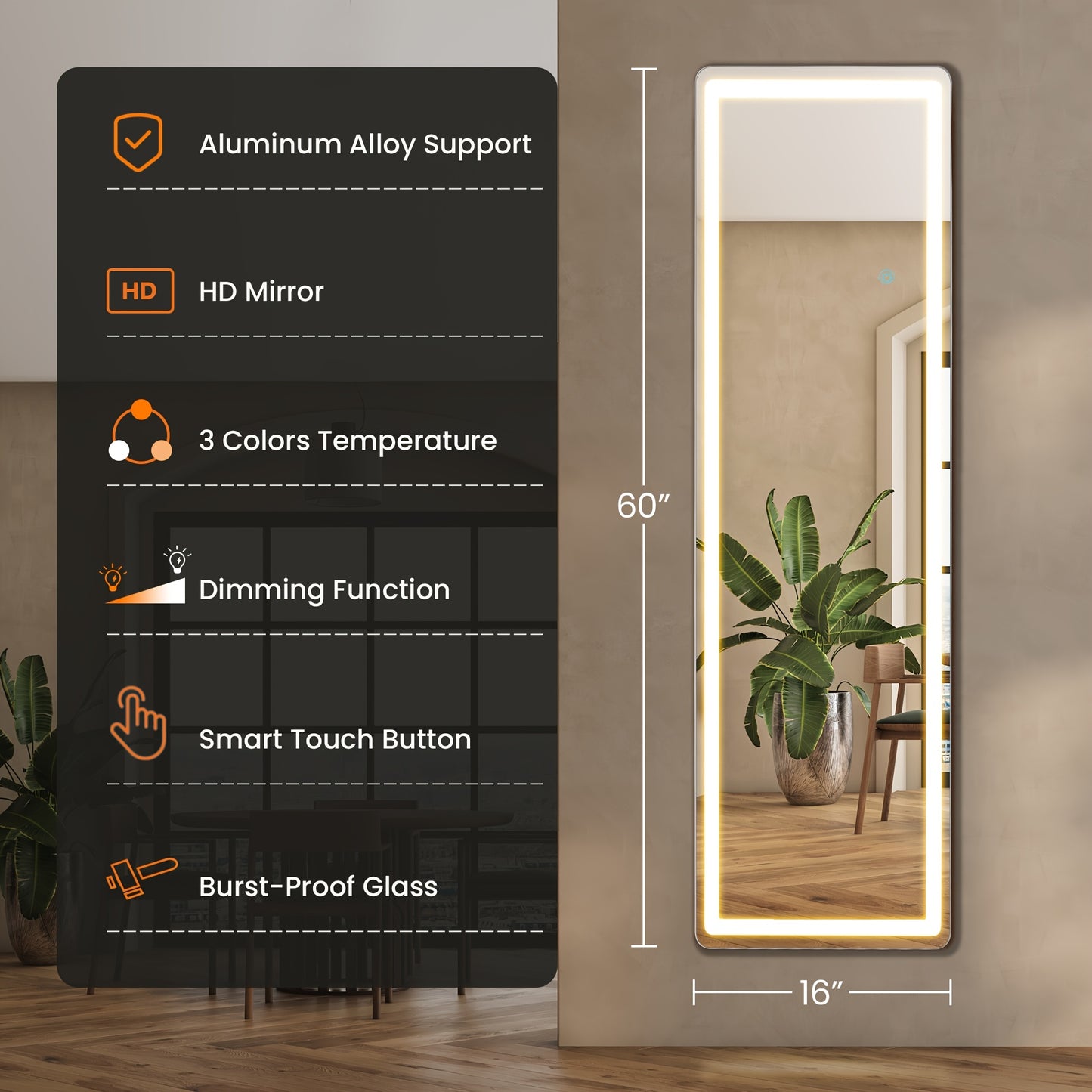 Full Length Mirror with LED Lights & Touch Sensor – 64"x21" Dimmable Smart Floor Mirror, Wall Mount or Freestanding, Slim Modern Frame for Bedroom, Vanity & Dressing Room