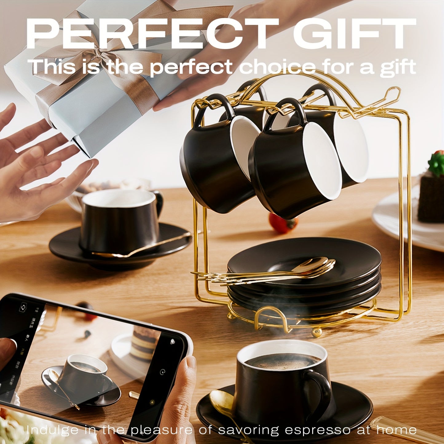 Espresso Cups with Saucers, Spoons, and Metal Stands, 4-ounce Small Ceramic Cappuccino Coffee Cup Set of 6, Cute Teacups with Handles