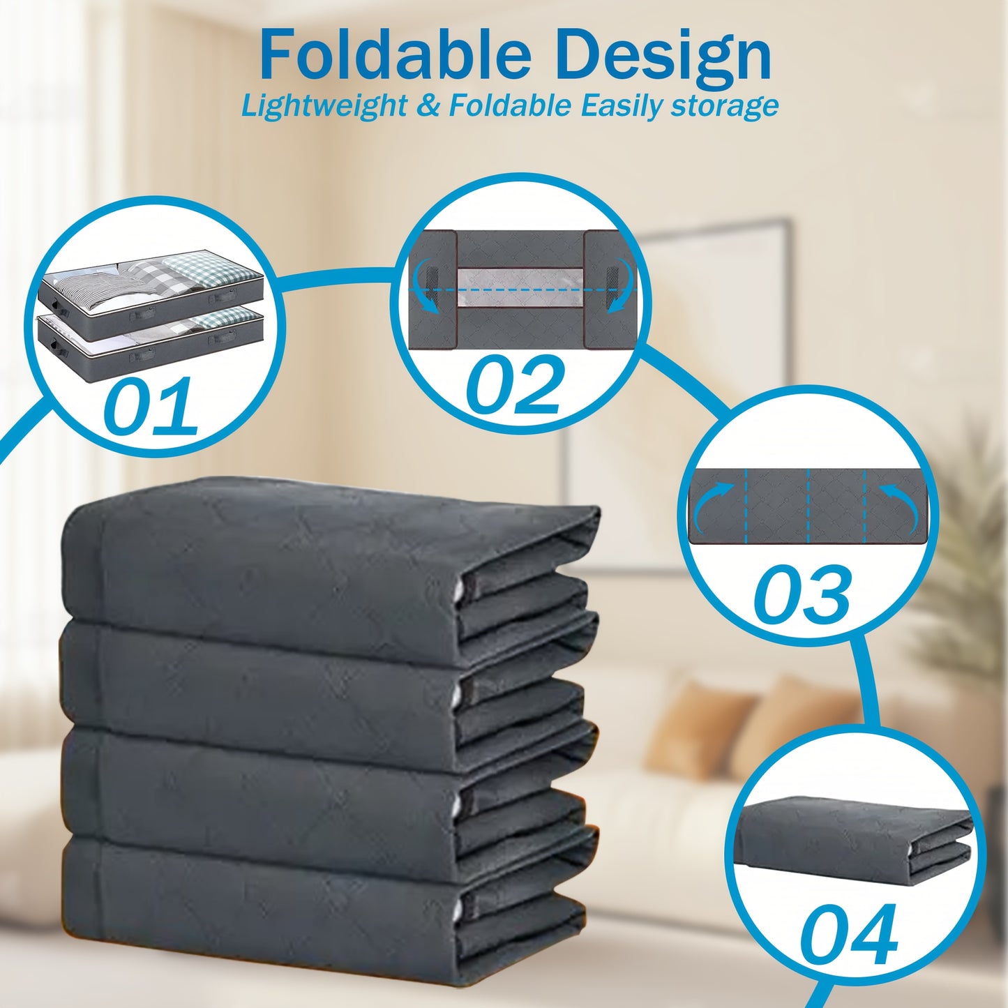 4 Pack Under Bed Storage, 23.78gal Collapsible Closet Containers Organizers And Under Bed Storage Bins, Underbed Storage Bags for Blanket, Towels, Clothes, Comforter, Sweaters, Under-Bed Storage, Gifts, Under-Bed Storage