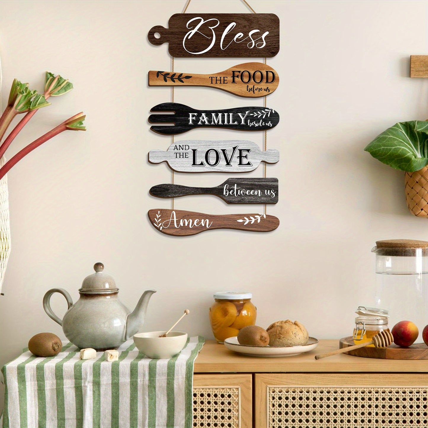 Farmhouse Wall Decor Wood Sign Set - "Bless The Food Before Us" Rustic Kitchen Dining Room Hanging Plaque, 6-Piece Rope Wood Board Art, Housewarming Thanksgiving Gift for Home