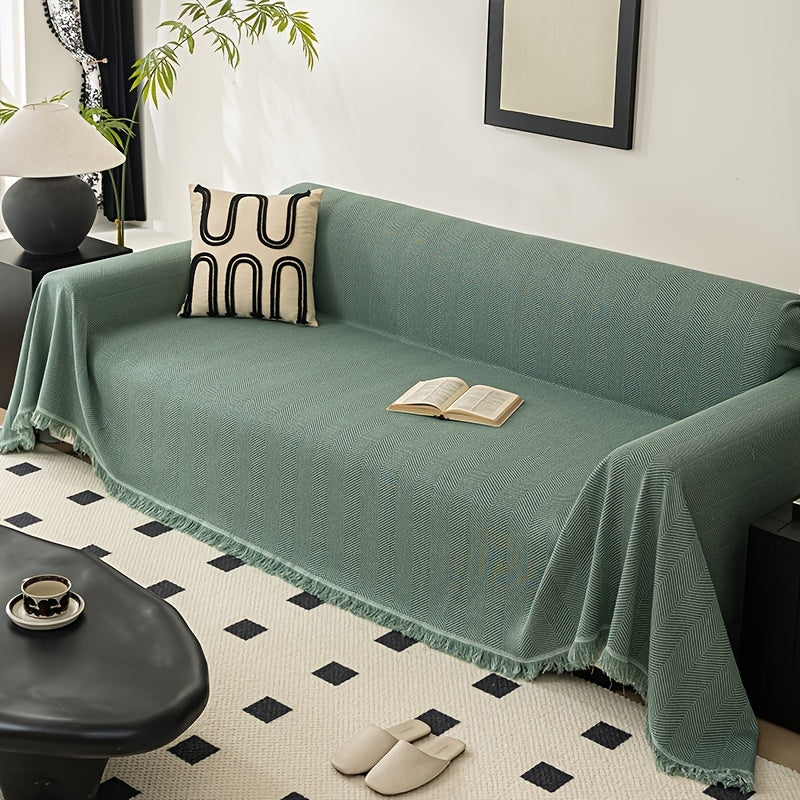 1pc of Herringbone Patterned Solid Color Sofa Cover, a Modern And Versatile Throw for Sofas, Designed to Be with Tassels, Made from Washable Polyester Fabric, Suitable for Single, Double, Triple, And Quadruple-Seater Sofas