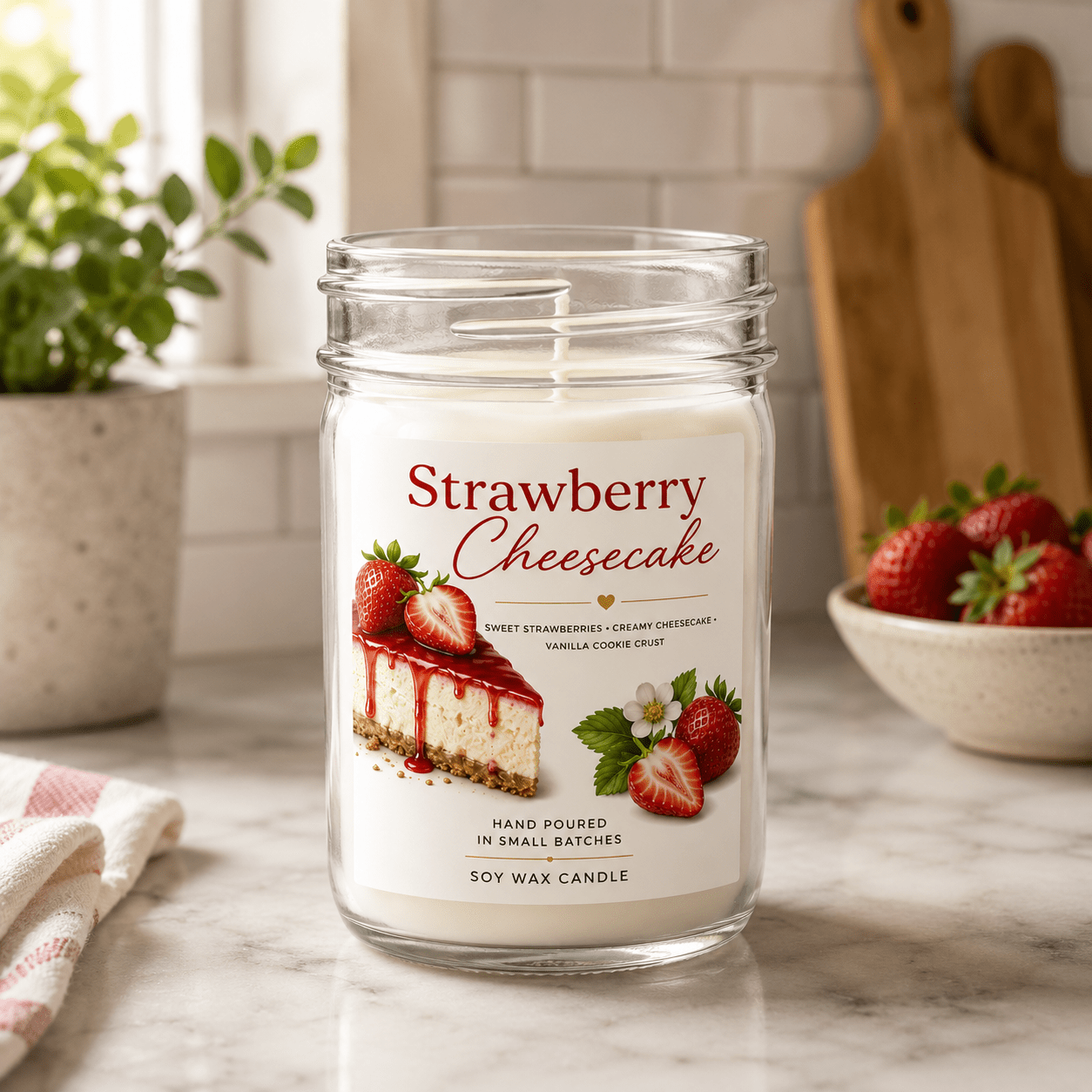 Strawberry Cheesecake Scented Soy Wax Candle | Holiday Candles | Fall Candles | Food Candle | Holiday Gifts | Seasonal Candle | Strawberries | Vanilla