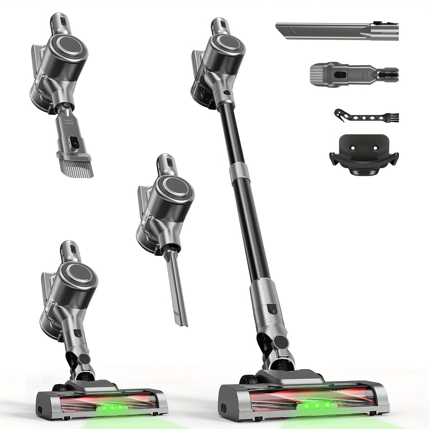 Cordless Vacuum Cleaner with 58Kpa Suction, Featuring a Self-Standing Design, Handheld Capability, LED Electric Floor Brush, Lightweight Build, And Strong Suction Power. This 6-In-1 Rechargeable Vacuum Is Ideal for Carpets, Pet Hair