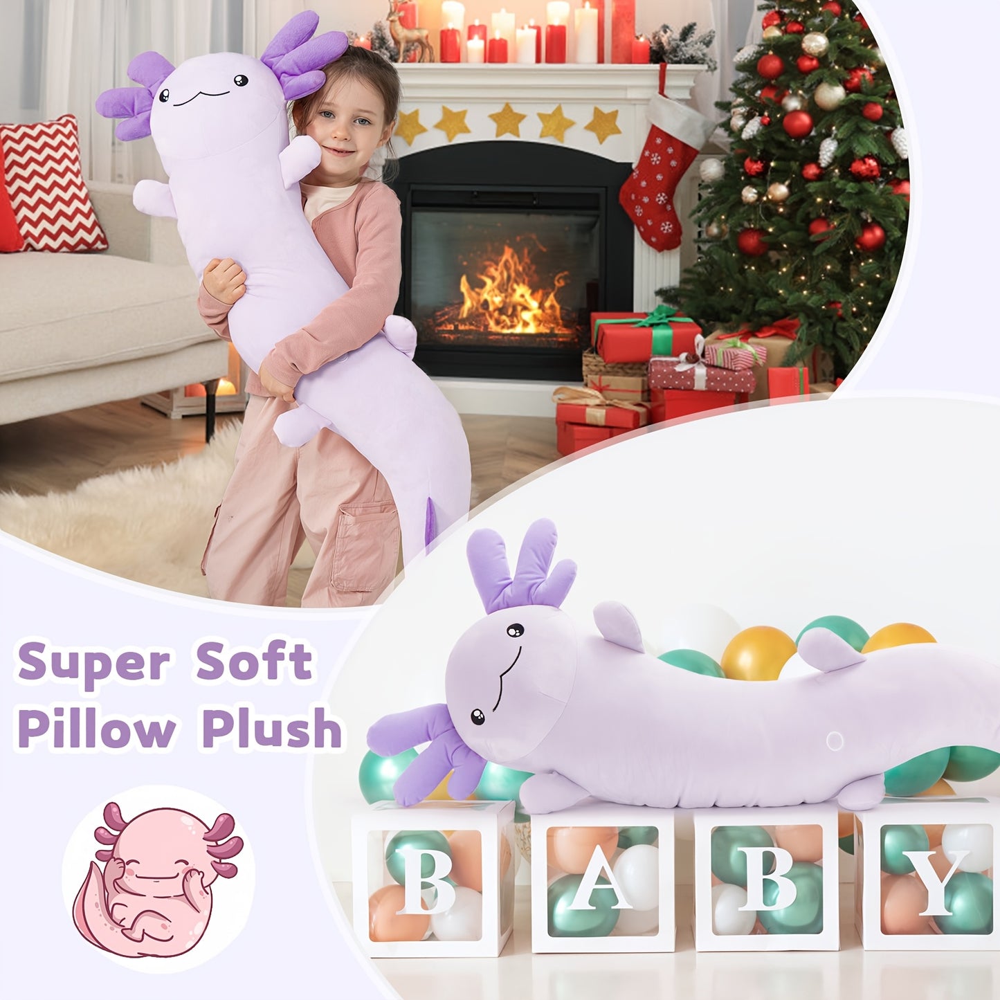 MaoGoLan Large Axolotl Plush Body Pillow, Big Axolotl Plush Pillow Toy, XL Axolotl Stuffed Animal For Kids, Axolotl Plush Glow In The Dark, Christmas Valentine Birthday Gift Purple