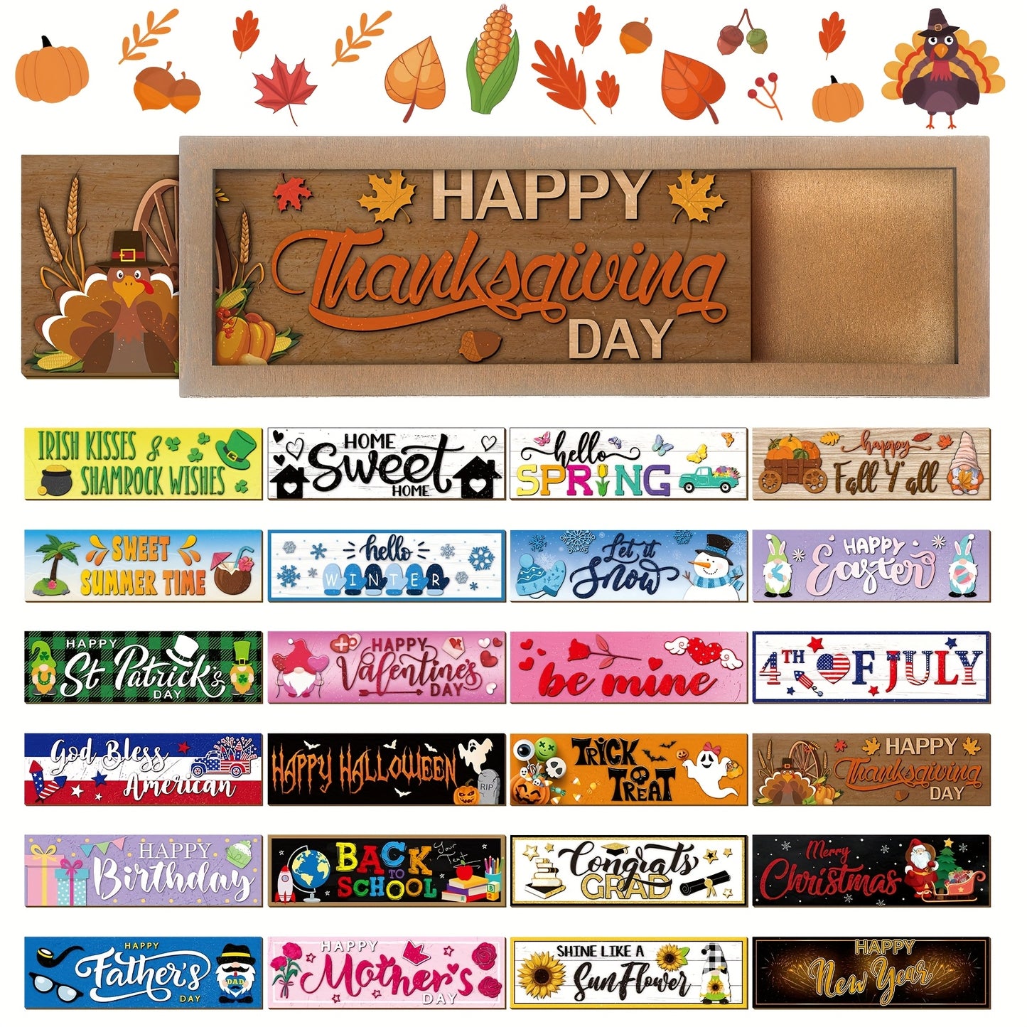 25pcs Of Interchangeable Season Sign Interchangeable Welcome Wood Sign For Table Decorative Seasonal Sign Decor With A Wooden Frame Wreaths For Fall Thanksgiving Halloween Autumn Decor