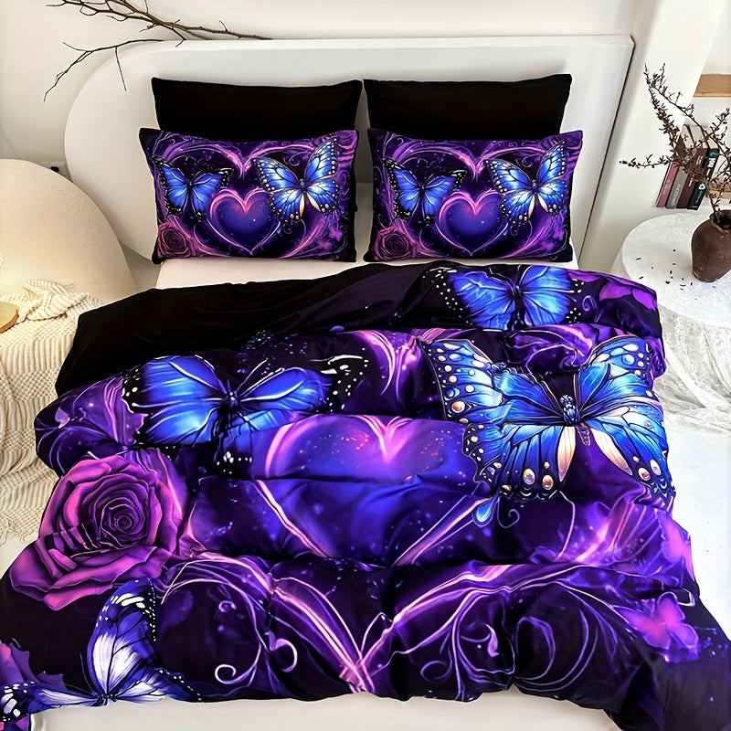 3pcs Purple Fancy Butterfly Love Flower Duvet Cover Set (1 Duvet Cover+2 Pillowcases Without Pillow Core), at Home Dormitory High Definition Numerical Code Printing Queen King Size