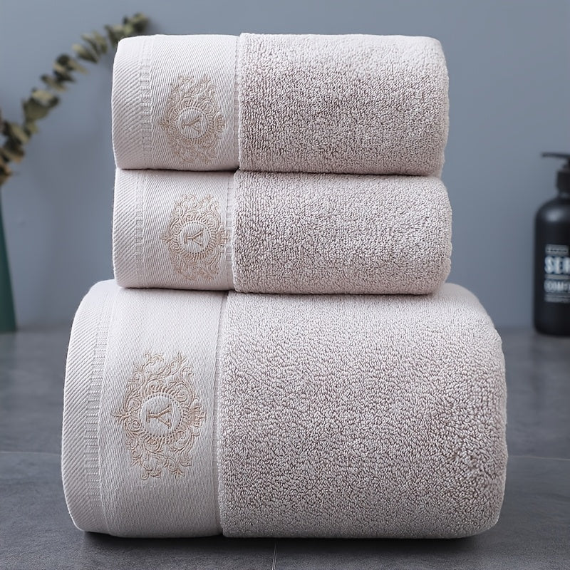 Luxurious 3pcs Cotton Towel Set with Embroidery - Soft, Absorbent & Lint-Free Bath Towels for Men and Women - Perfect for Home, Spa, Salon Use