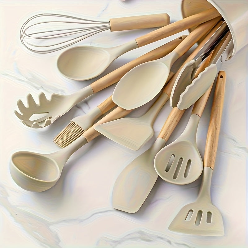 13pcs, Non-Stick Silicone Kitchen Utensil Set with Wooden Handles-Safe And Easy to Clean-Perfect for Cooking And Baking-Ideal for Back to School And Dorm Essentials