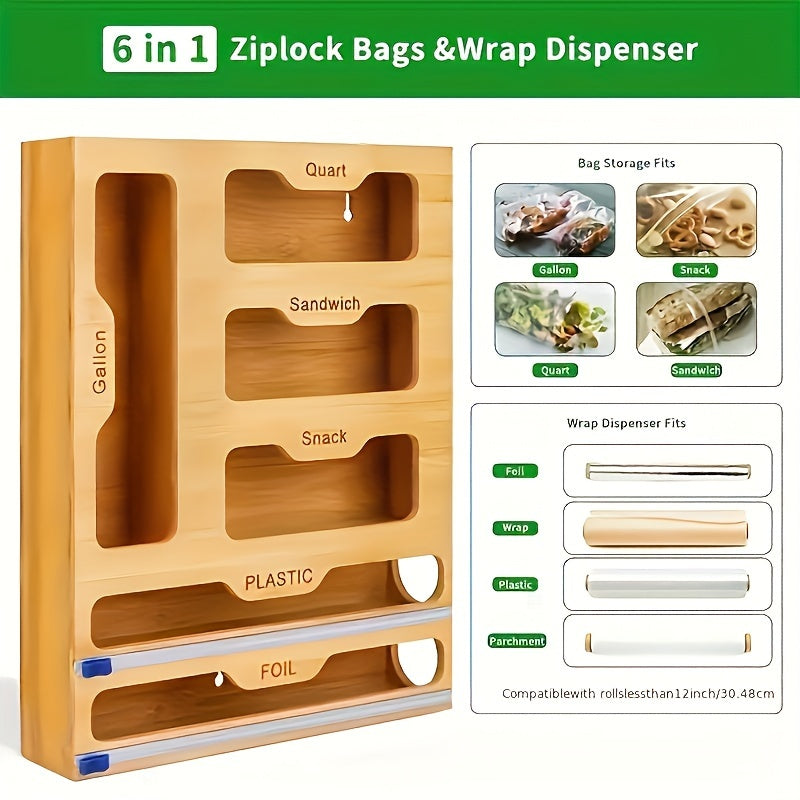 1pc Bamboo Sealer Bag Organizer Box - Fresh-Keeping, Space-Saving, Adjustable Storage For Kitchen Drawer - Compatible With Gallon, Quart, Sandwich, Snack Variety Size Bags, Easy To Clean, Durable, Kitchen Accessories