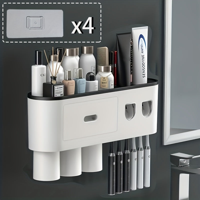 Wall-Mounted Toothbrush Holder Featuring a Double Automatic Toothpaste Dispenser And Squeezer Kit, Perfect for Valentine'S Day Gifts, Available from a Local Warehouse, Includes 3 Cups (Grey with 2 Toothpaste Dispensers And 3 Cups)