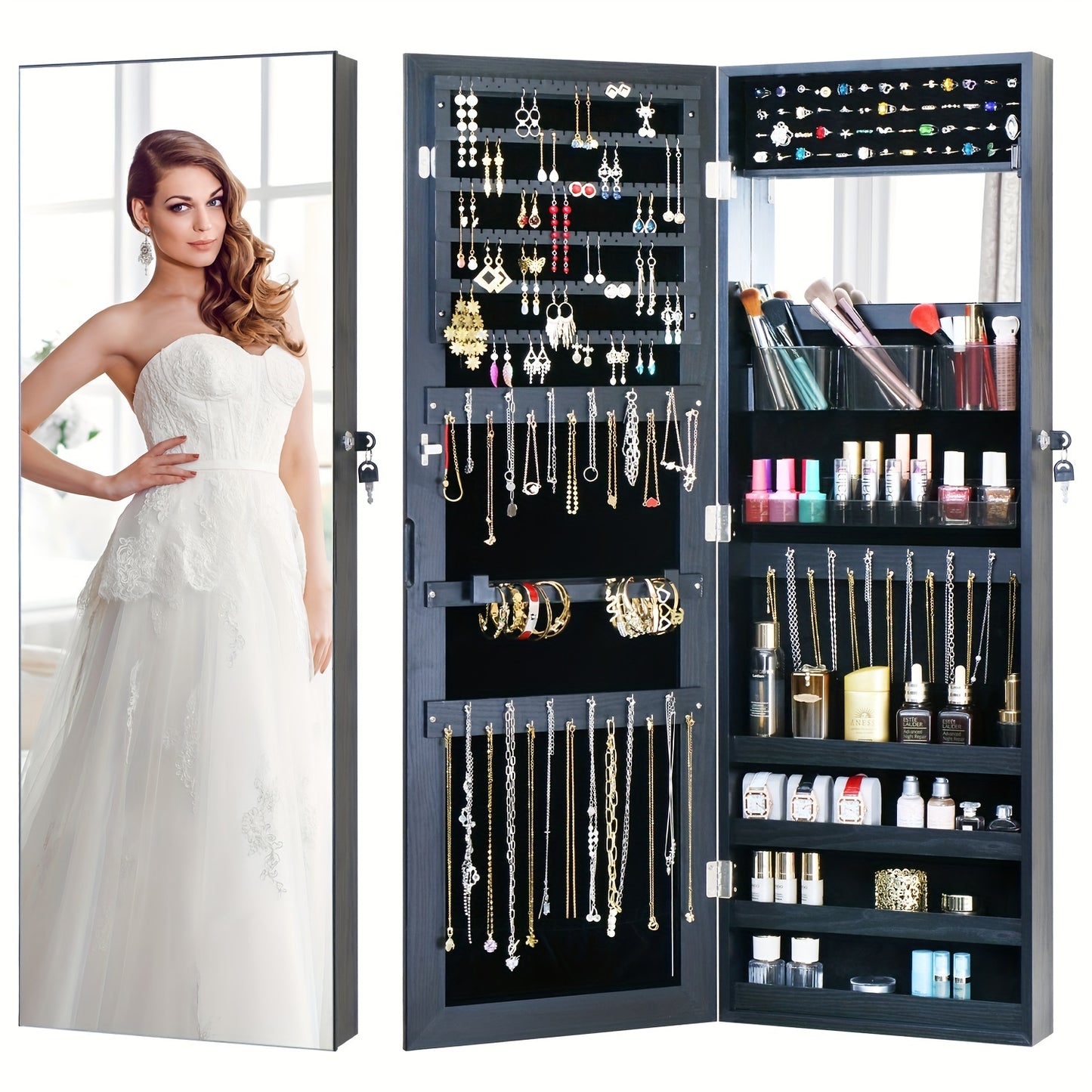 Full Length Mirror Jewelry Armoire Jewelry Cabinet - 2-in-1 Organizer For Makeup And Jewelry Lockable Storage Over The Door Mirror With Jewelry Storage Baskets, Bins & Containers