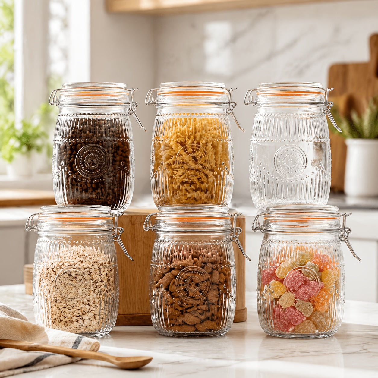 Mason Jars 6 Pack 32oz Wide Mouth Airtight Glass Canister Set with Hinged Lids Vintage Sunflower Pattern Kitchen Storage Jars for Coffee Sugar Beans Spices Dry Goods Pantry Organization