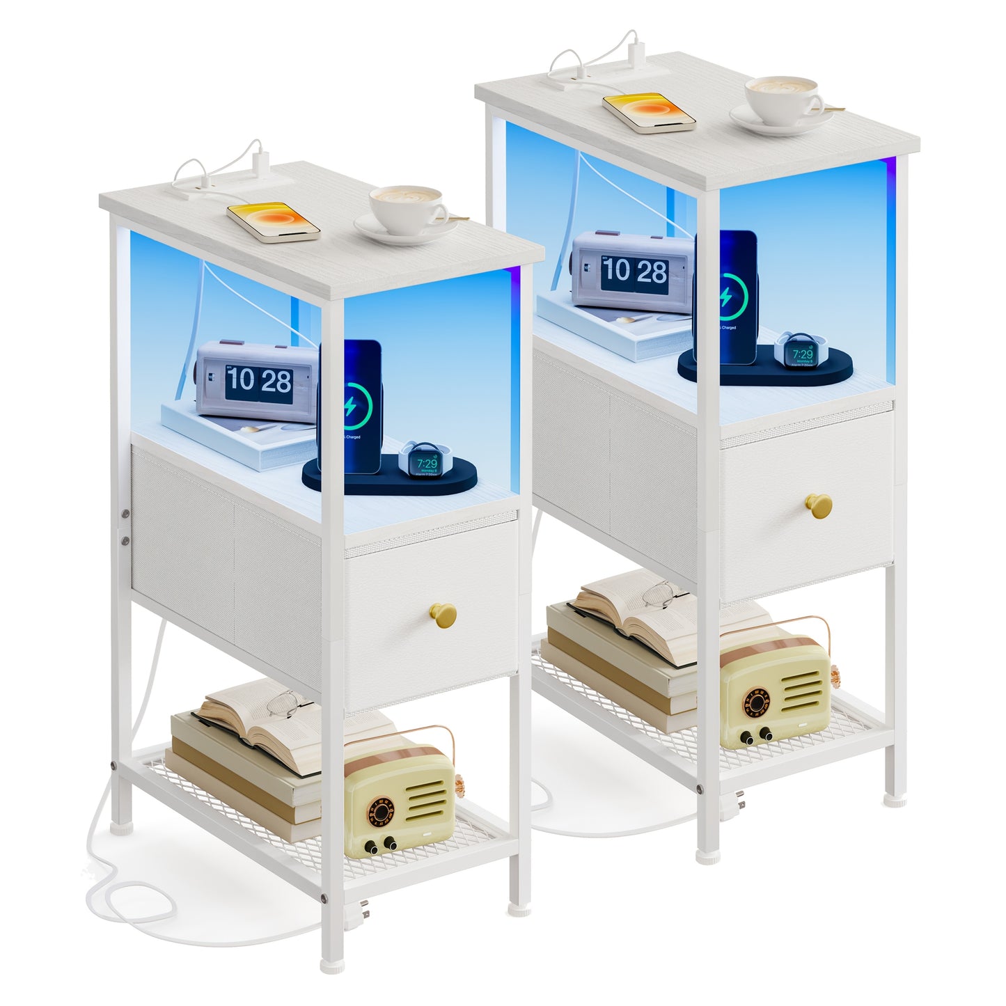 1pc/2pcs Narrow End Tables Living Room With Charging Station, Skinny Side Table With Fabric Drawers, Slim LED Nightstand For Bedroom, School And Dormitory Storage, Small Spaces, Couch, For Halloween And Christmas, Storage Drawer Units